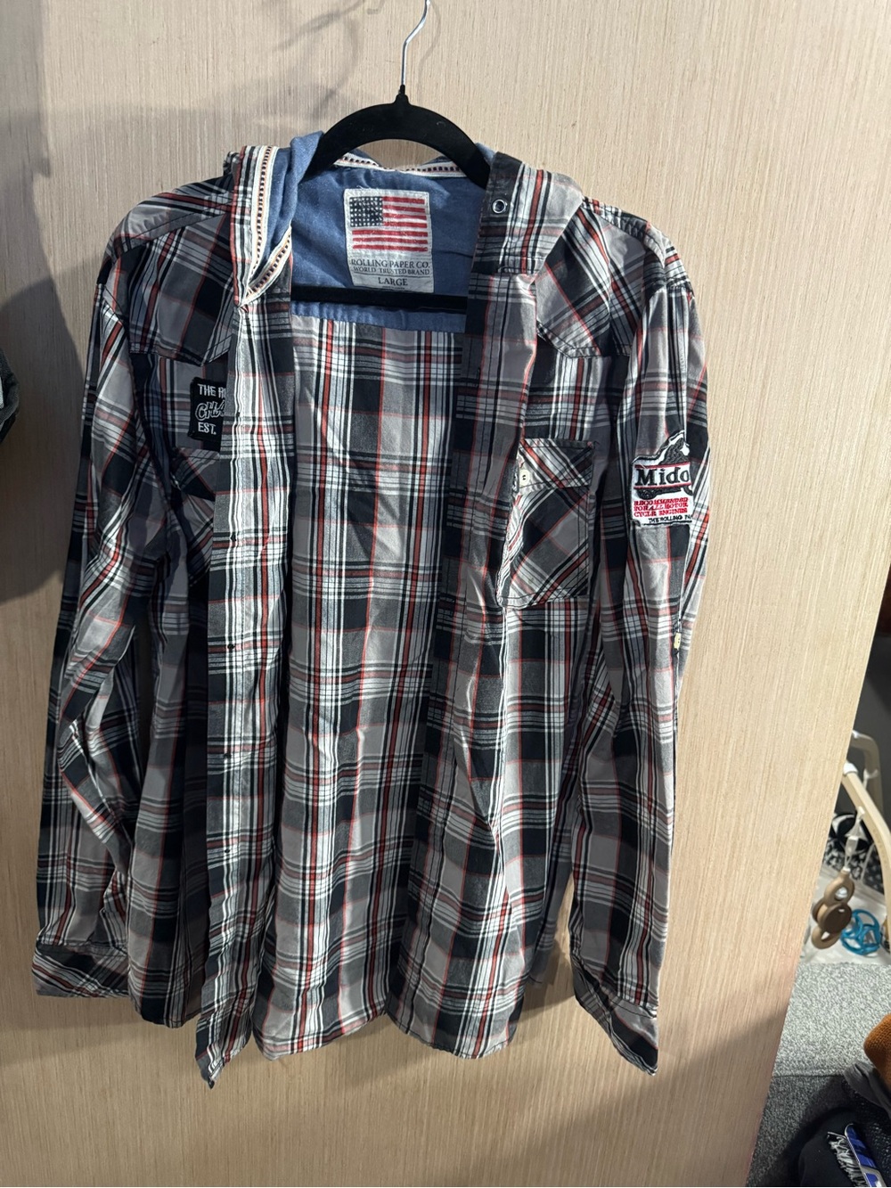 Rolling Paper Co Plaid Hooded Shirt Jacket in Black, White & Red Size Large